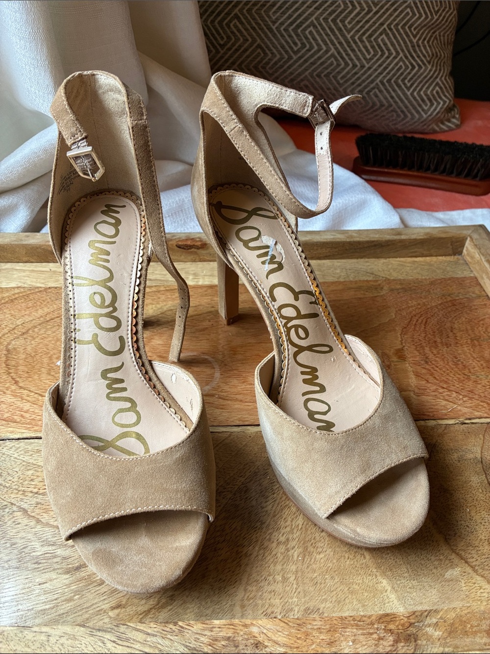 Sam Edelman Tan Suede Platform Peep-Toe Ankle Strap Heels - Picture 4 of 16